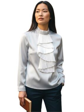NWT White Collar Pewter Mulberry Silk High Neck Pleated Ruffle Fitted Top (S/M)